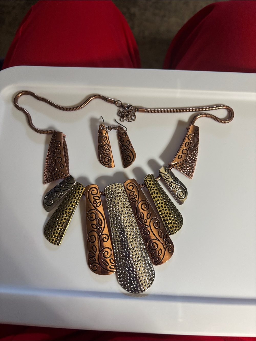 Multi-Tone Metal Statement Necklace and Earring Set - Copper, Gold & Silver